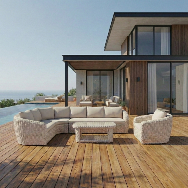 Conjunto jardín Morea 4 plazas ratán gris perla con sofá, sillones y mesa de cristal