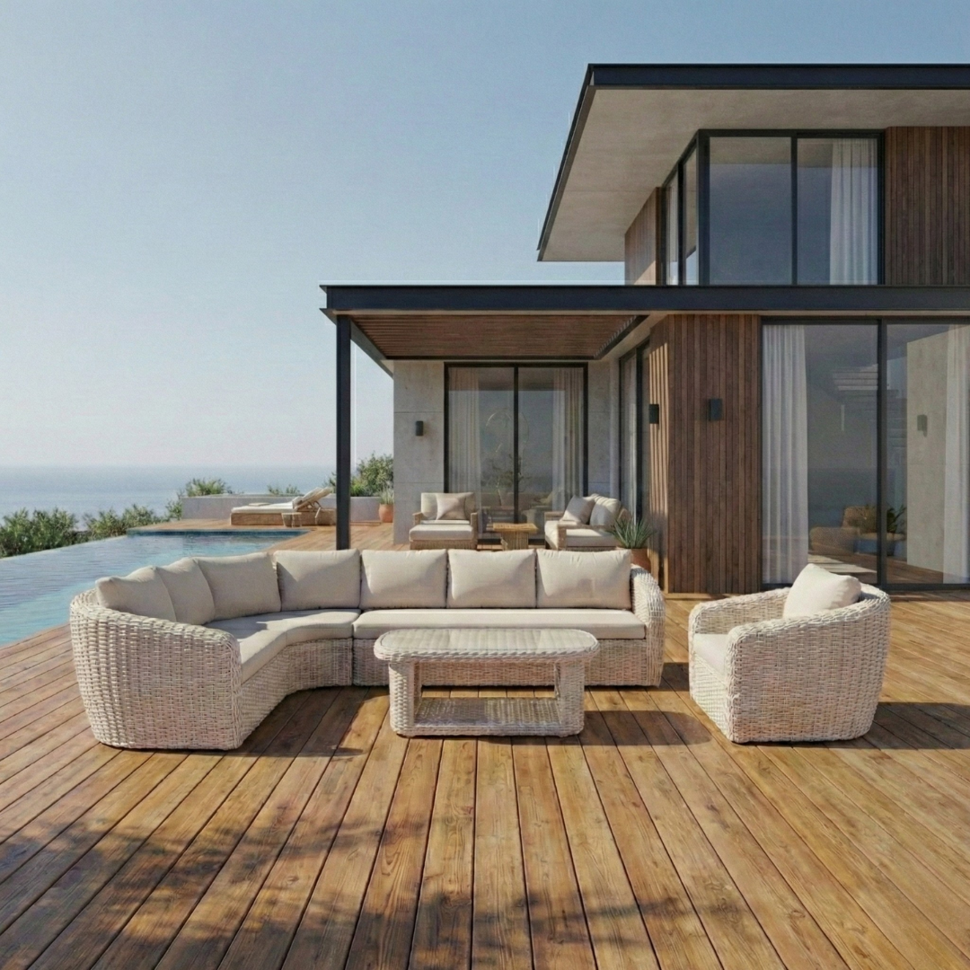 Conjunto jardín Morea 4 plazas ratán gris perla con sofá, sillones y mesa de cristal Conjunto jardín Morea 4 plazas ratán gris perla con sofá, sillones y mesa de cristal